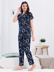 Women's Navy Blue Abstract Printed Nightsuit